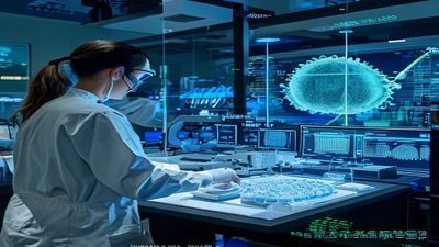 基因测序实验室内研究员操作高通量测序仪，背景屏幕显示2048核基因组分析并行流水线进度