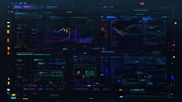 2048核处理器运行时调度系统界面，任务队列与核心负载均衡热力图在暗色背景下实时更新